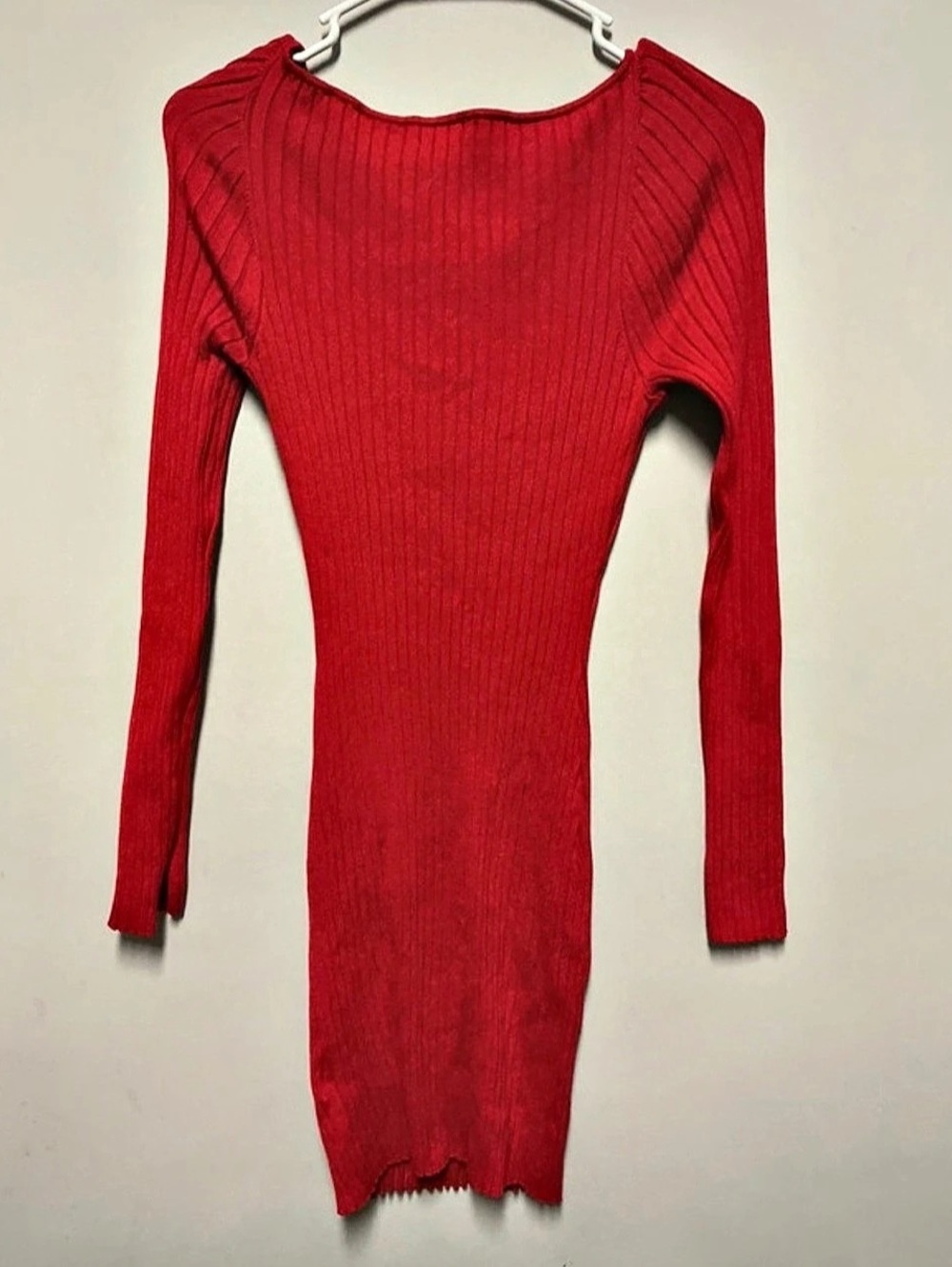 Red Ribbed Long Sleeve Midi Dress